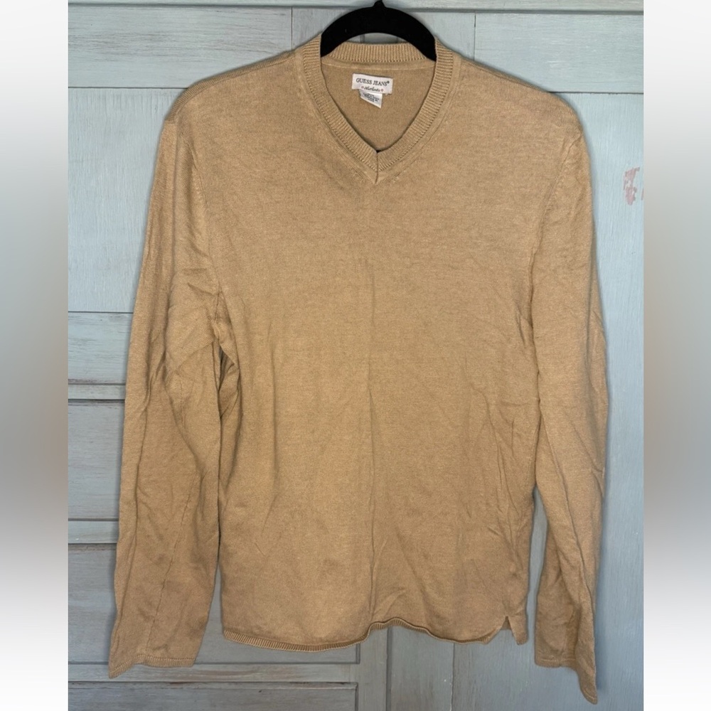 Guess Jeans V-neck Sweater Camel Size M Linen Cotton Blend Y2K 90s Preppy